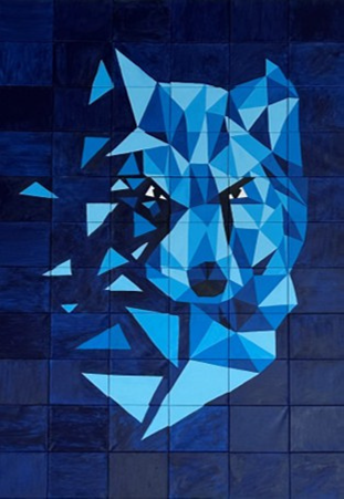 Blue geometric art image of coyote